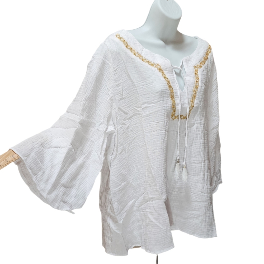 JM Collection Plus Size Embellished V-Neck  3/4 Bell Sleeve Kimono Woven Top 2X
